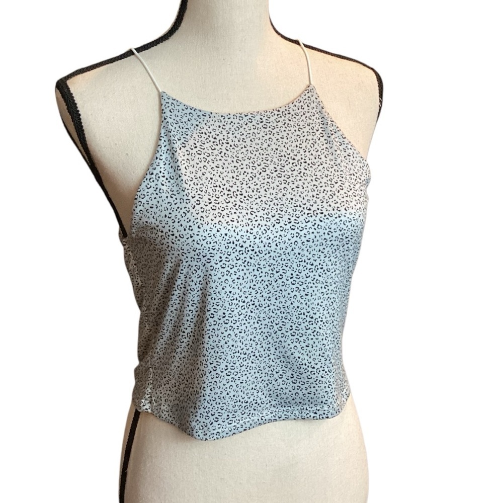 GAZE High Neck Crop String Cami Top, Double Lined Soft, Medium Animal Print